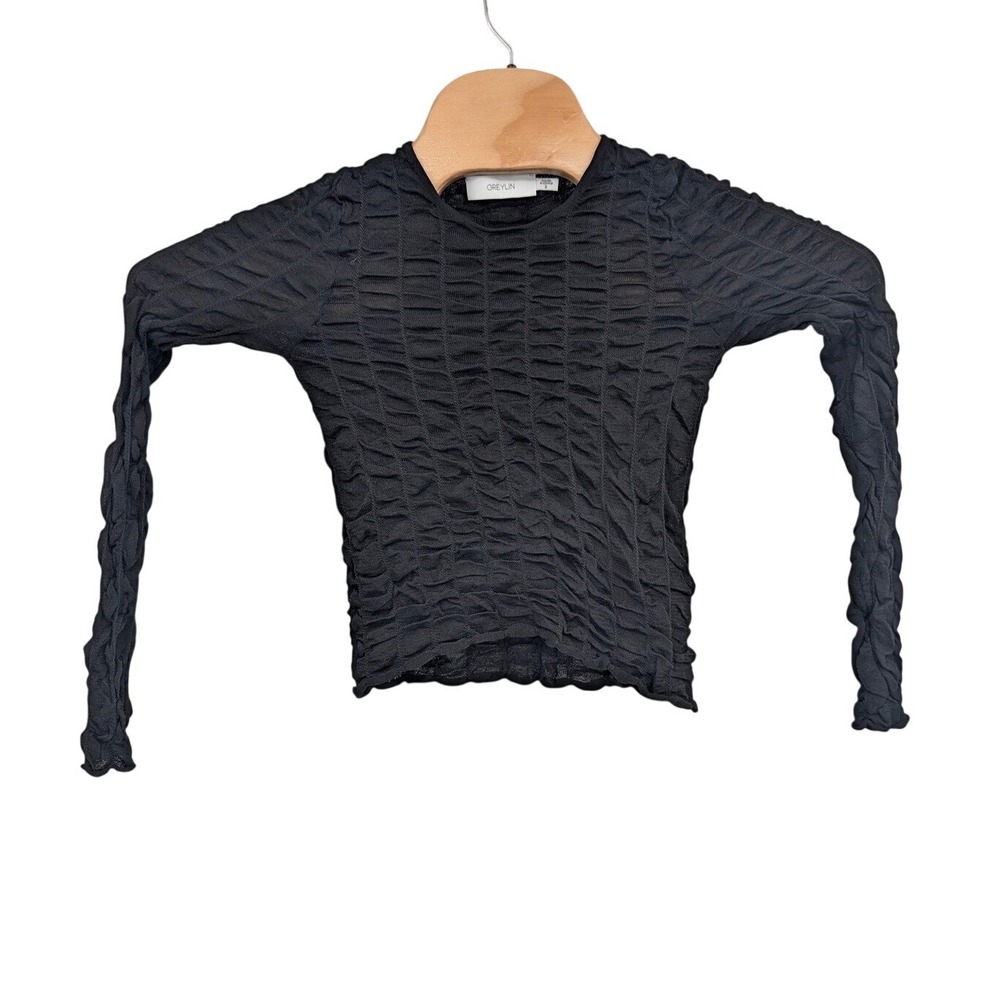Greylin Freya Sheer Textured Mesh Long Sleeve Top Black Women's sz Small‎